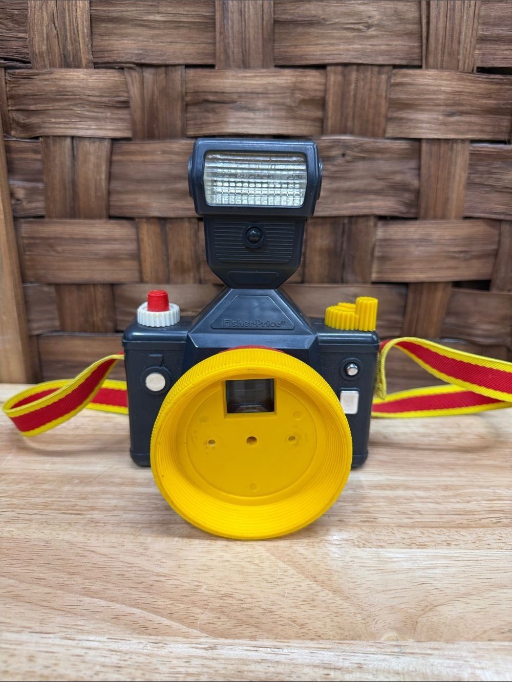 1988 Vintage Fisher-Price Black Toy Camera with Yellow Lens and Red-Trim Strap